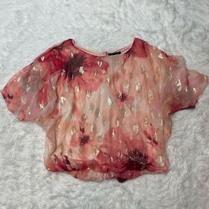 White House Black Market Floral Blouse Pink Silk Size S Gold Leaves Boho